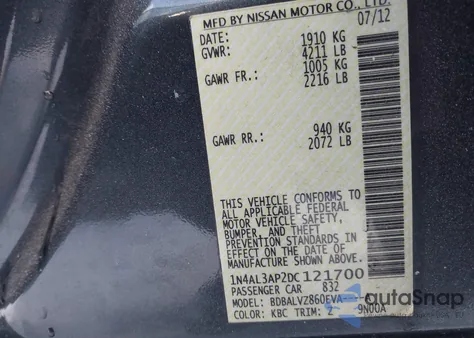 2013 Nissan Altima 2.5 Sl z USA, uszkodzony, nr VIN 1N4AL3AP2DC121700